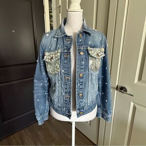 Madewell Custom Rhinestone Cowgirl Bachelorette Disco Fringe Jean Jacket Size M
